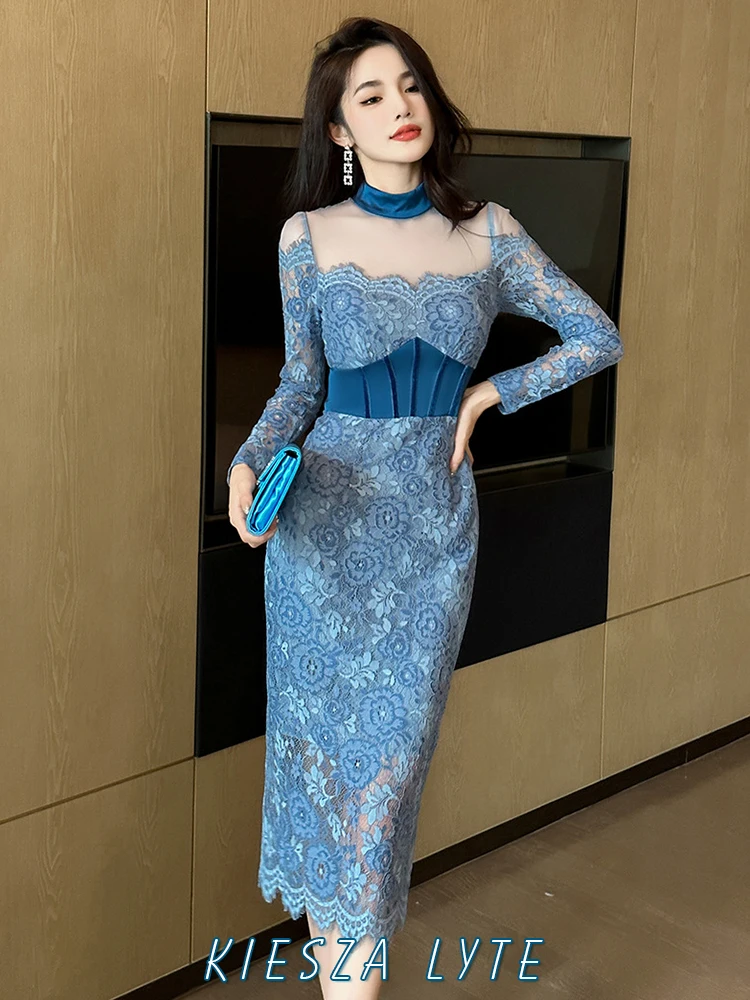 

Chic Lace and Mesh Patchwork Bodycon Dress New Spring 2024 Vintage Fashion Long sleeve The Waist Slim Fit Midi Sxey Dresses