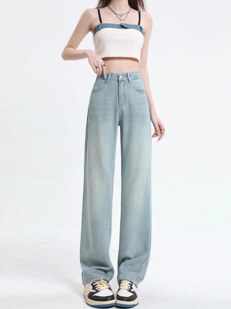 

Light Blue Thin Baggy Jeans For Women Pantalones De Mujer 2023 High Waist Streetwear Ice Silk Denim Vintage Y2K Straight Pants
