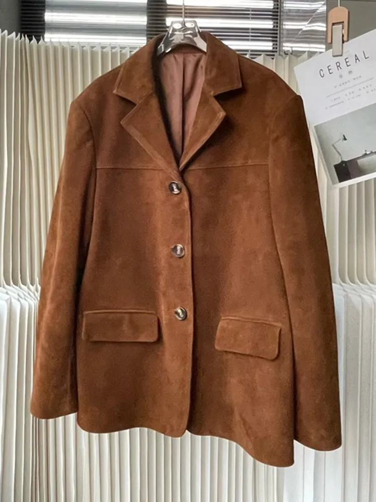 Vintage Autumn Women Real Sheep Suede Blazer Single Breasted