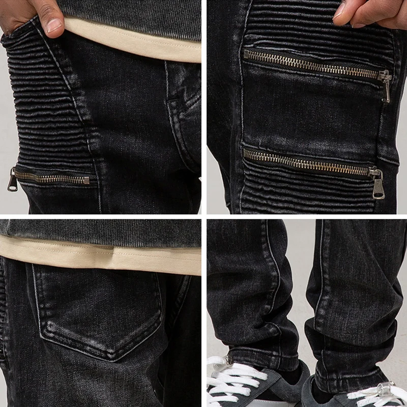 Street Fashion Men Jeans Retro Black Gray Elastic Slim Fit Spliced Designer Biker Jeans Men Stretch Patched Hip Hop Pants Hombre