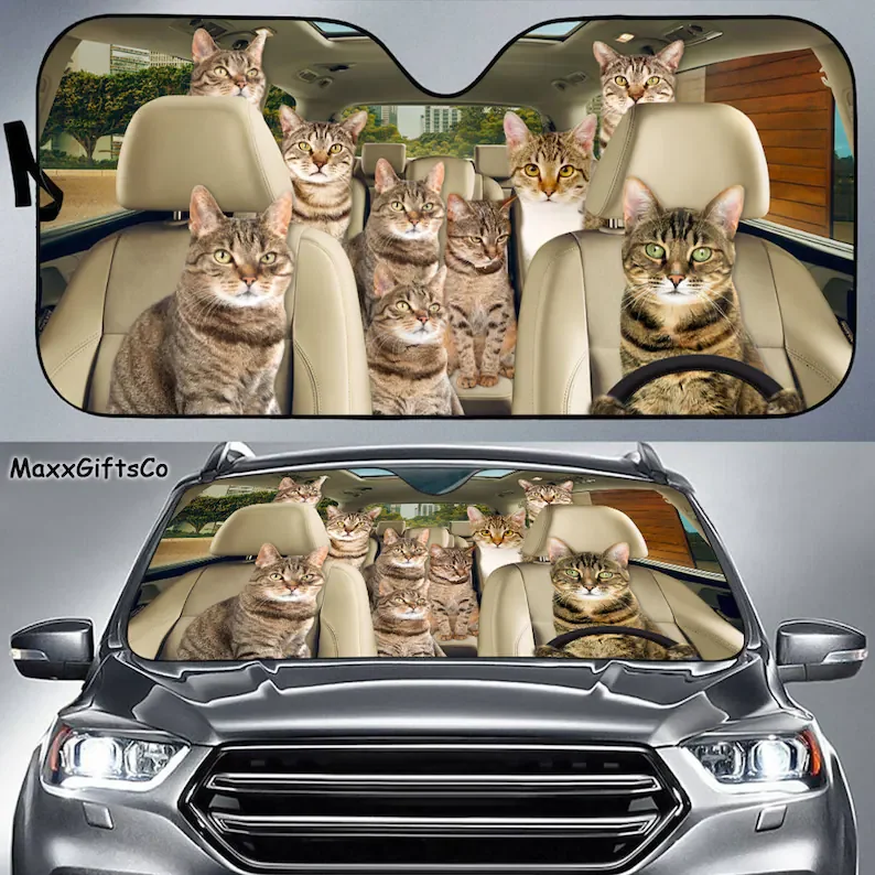 

Tabby Cat Car Sun Shade, Tabby Cat Windshield, Tabby Cat Family Sunshade, Cat Car Accessories, Car Decoration, Gift For Dad, Mom