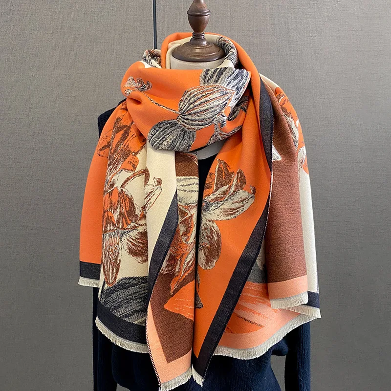 

Floral Print Winter Warm Travel Pashmina Scarf Women Luxury Thick Cashmere Shawl Wraps Casual 2023 Design Poncho Stoles Echarpe