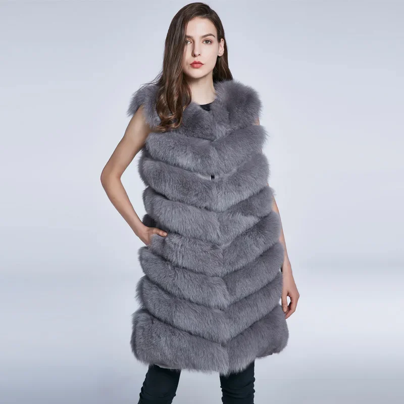 Fox Fur Grass Vest Oblique Row Women's Long Fur Coat Vest Autumn and Winter