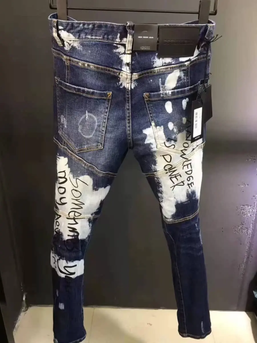 Spring Summer 2025 D2 Trendy Men's Distred Patch 3D Cutting fiti Print Slim Elastic Ankle Jeans Casual Busin Casual