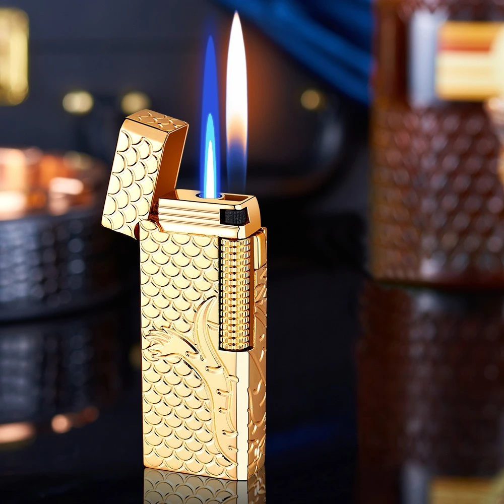 Gas lighter DERUI Narrow Version Dual Flame Switching Exquisite and Compact Metal Grinding Wheel Gift for Men and Women