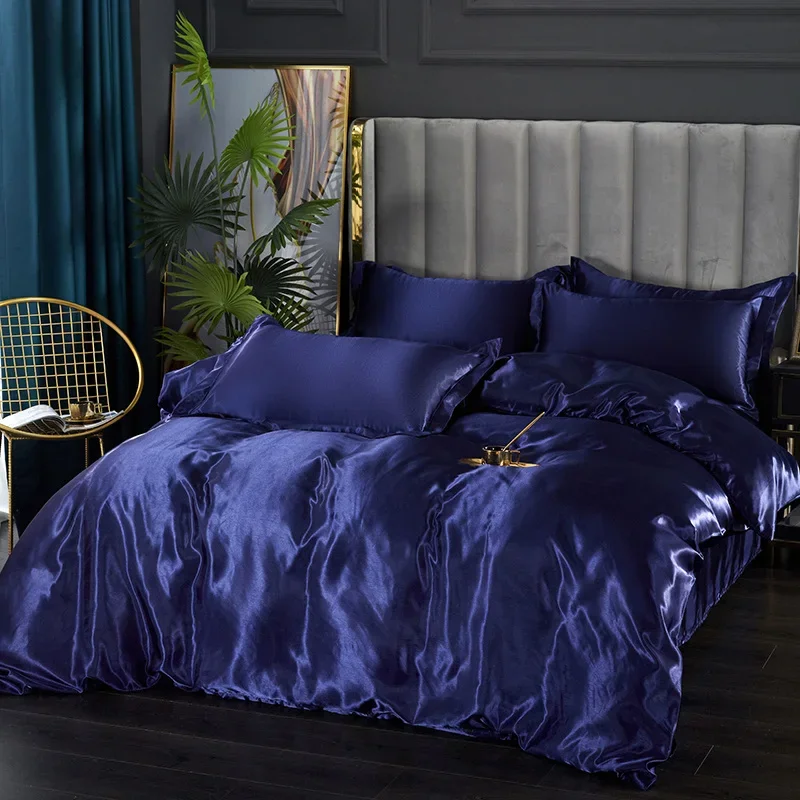 Silk Bedding Set with Duvet Cover Bed Sheet Pillowcase Luxury Satin Bedsheet Solid Color Double Single King Queen Full Twin Size