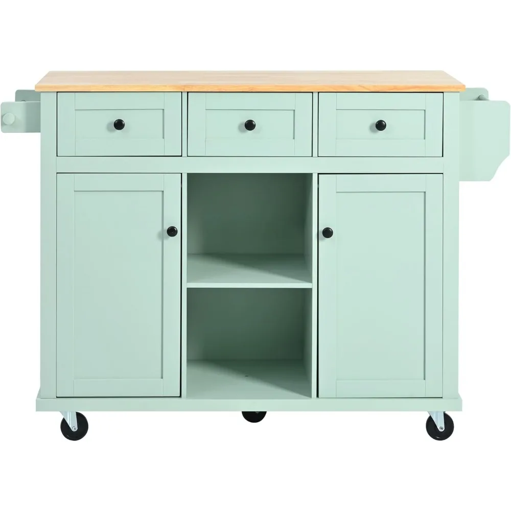 Rolling Kitchen Island with Drop-Leaf Countertop, 5 Wheels, Storage Cabinet & 3 Drawers, Rubber Wood, Mint Green, Mobile Cart 3