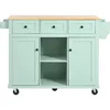 Rolling Kitchen Island with Drop-Leaf Countertop, 5 Wheels, Storage Cabinet & 3 Drawers, Rubber Wood, Mint Green, Mobile Cart 3