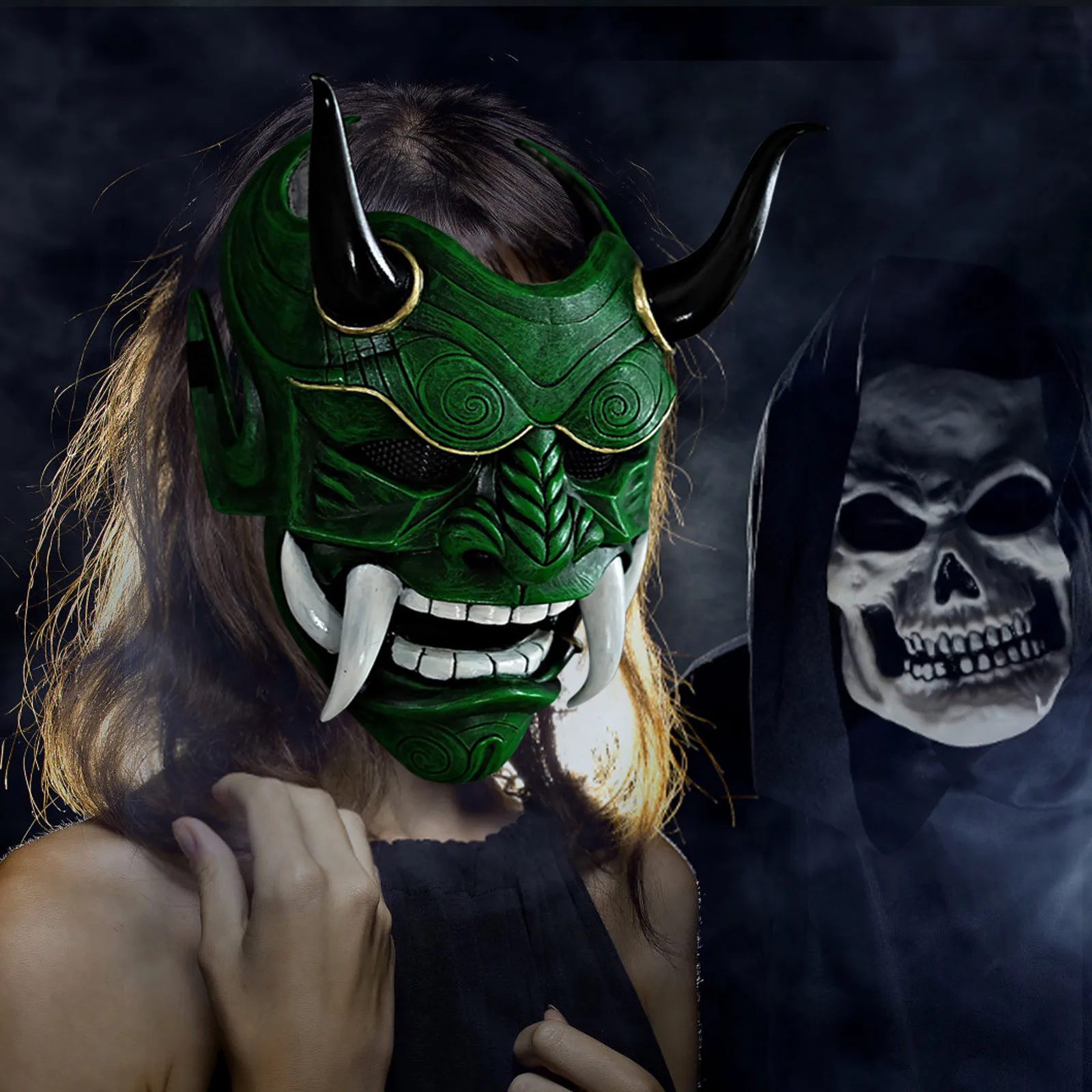 Hannya Dämonenmaske Japanischer Oni Samurai Noh Kabuki Prajna Latexmasken Evil De-mon Mon-ster Vollgesichtsmaske für Männer – Detail 21