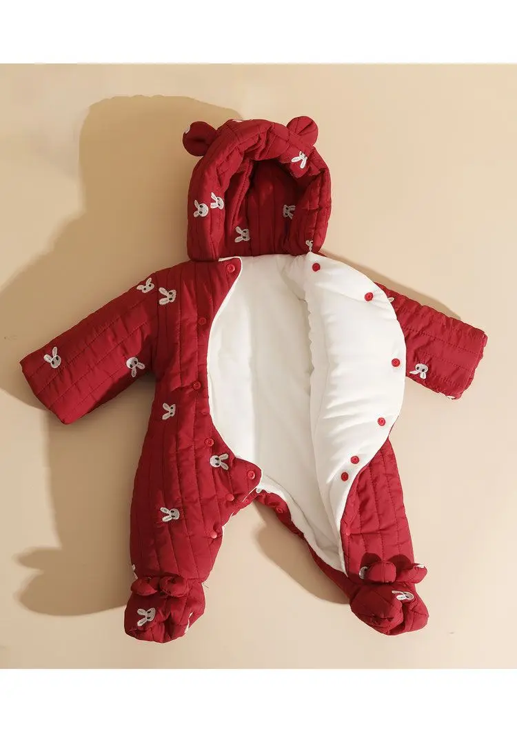 HoneyCherry Baby Winter Padded One-Pieces Footies Cute Warm Hooded Thickened Out Romper Newborn Girl Clothes