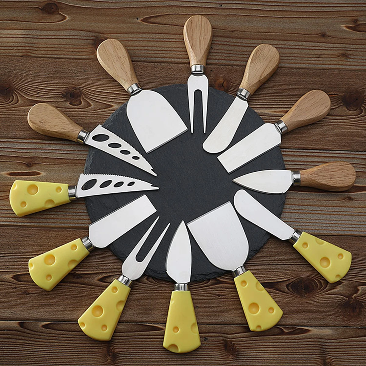 6-Piece Wooden Handle Stainless Steel Cheese Knife Butter Pizza Fork Butter and Cream