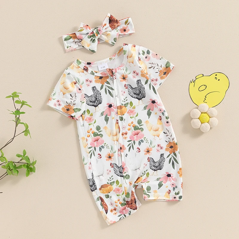 

Baby Boy Girl Farm Clothes Chicken Short Sleeve Romper Jumpsuit Crewneck Bodysuit Newborn Country Outfit