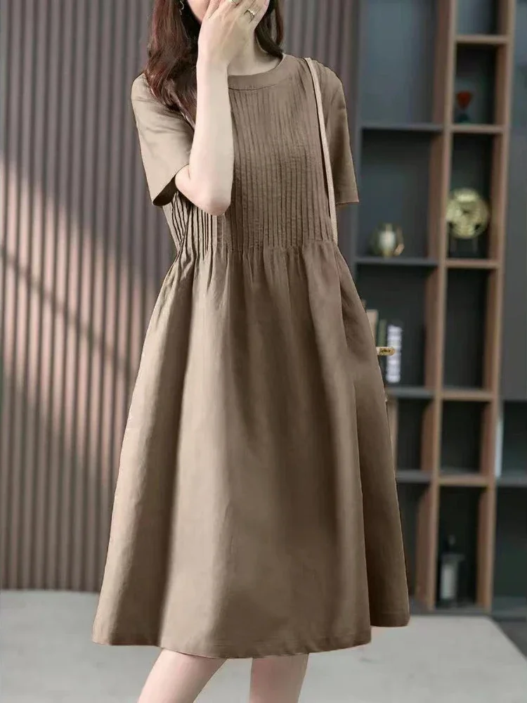 

2023 New Summer Women Dresses Elegant Temperament O-Neck Leisure LOOSE Clothing Knee-Length Korean Fashion Long Dress for Women