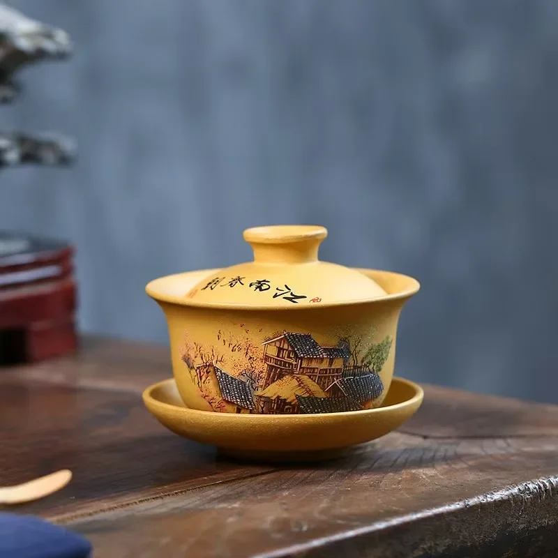 Tea set Yixing Hand-Painted Boccaro Cup Segment Mud Tea Drinking Cup Jiangnan Spring Kung Fu Tea Set Handmade Gaiwan Retro Landscape
