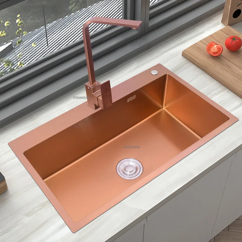 Rose Gold Stainless Steel Single Bowl Kitchen Sinks Accessory 304 Sink Bowl Kitchen Drain Basket Above Counter Sink Wash Basin 3