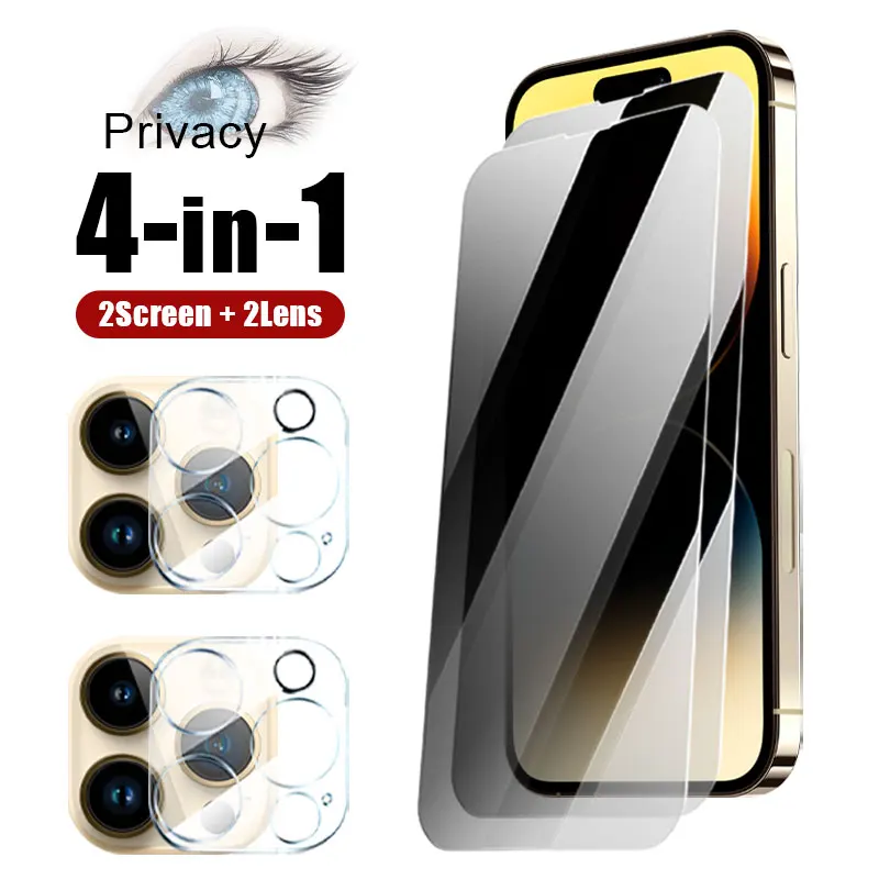 

4in 1 tempered glass Camera Lens for iPhone 15 pro max Privacy Glass smartphone for iPhone 14 plus 11 13 12 mini protective Film