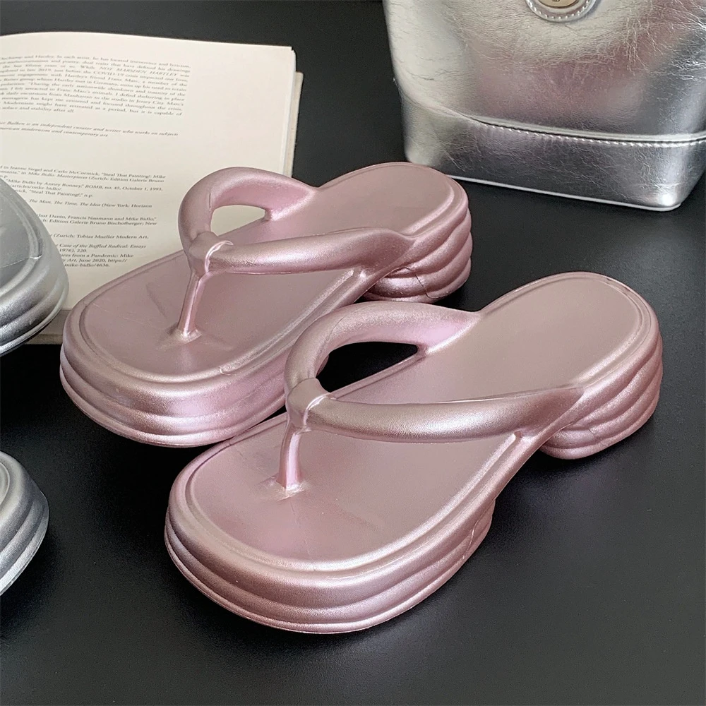 

ASIFN Fashion Beach Flip Flops Summer New Women Home Slippers Bath Anti-slip Pinch Shoes Outdoor Women Thick Base Elevation
