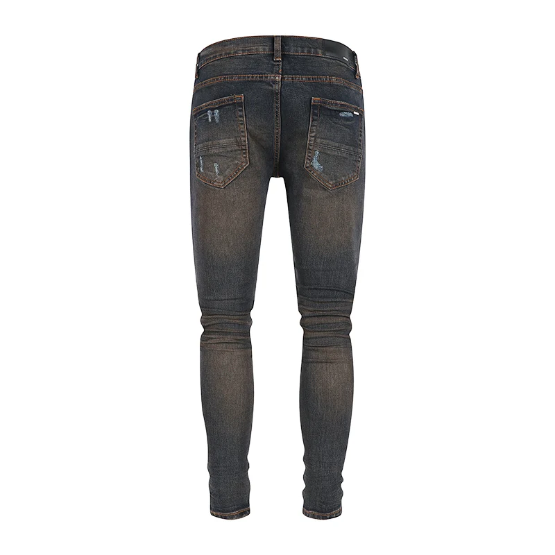 High Street Fashion Men's Jeans Vintage Deep Blue Wash Elastic Tight Split Yellow Patch Jeans Men's Leather Panel Designer Hip H