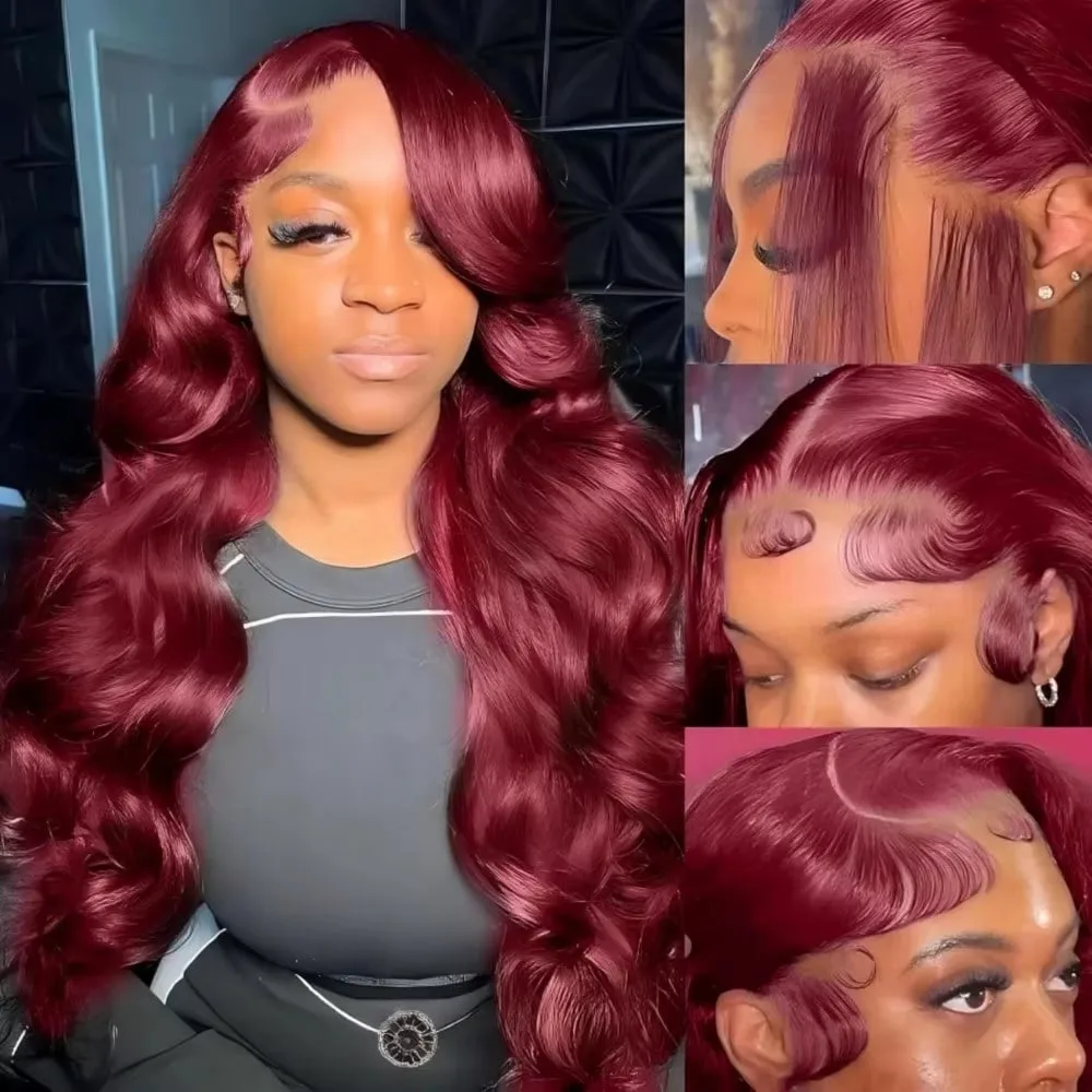 34 Inch Body Wave 99J Burgundy 13x4 Lace Front Wigs Human Hair Pre Plucked 200% Density Body Wave Lace Front Wigs Human Hair 4
