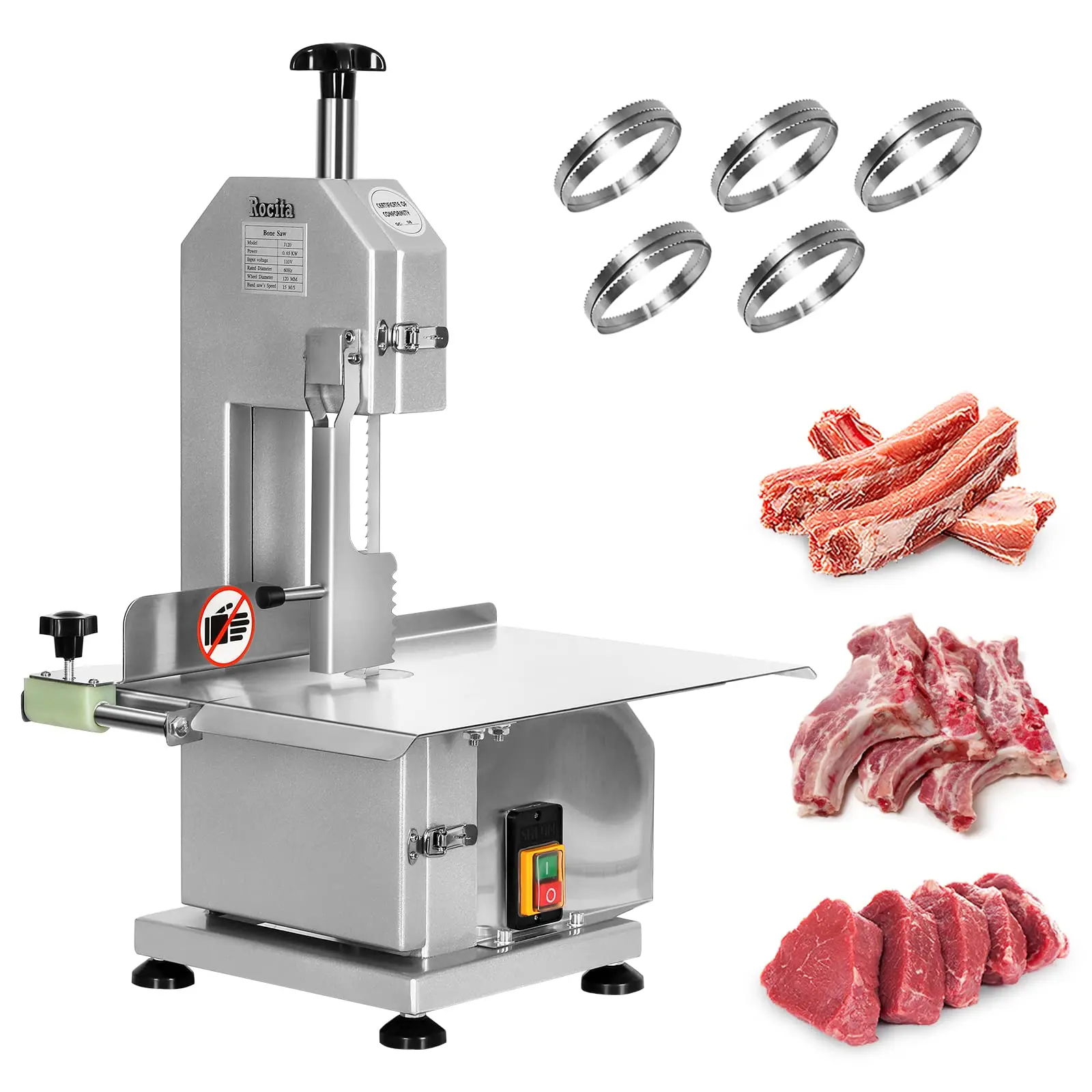 750W Commercial Meat Bone Saw Machine Frozen Meat Cutting Table Bandsaw Machine with 6 Saw Blades Electric Bone Saw Machines