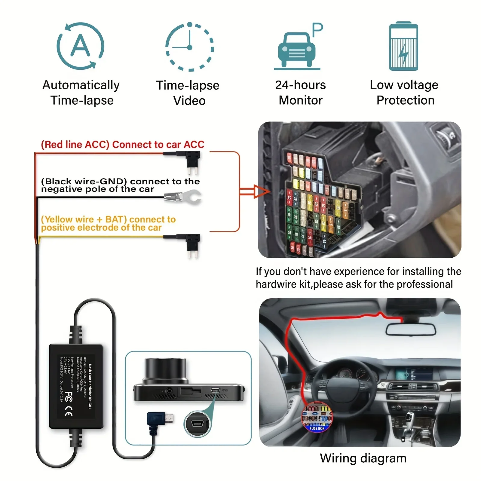 Dash Cam Hardwire Kit with Time Lapse Recording