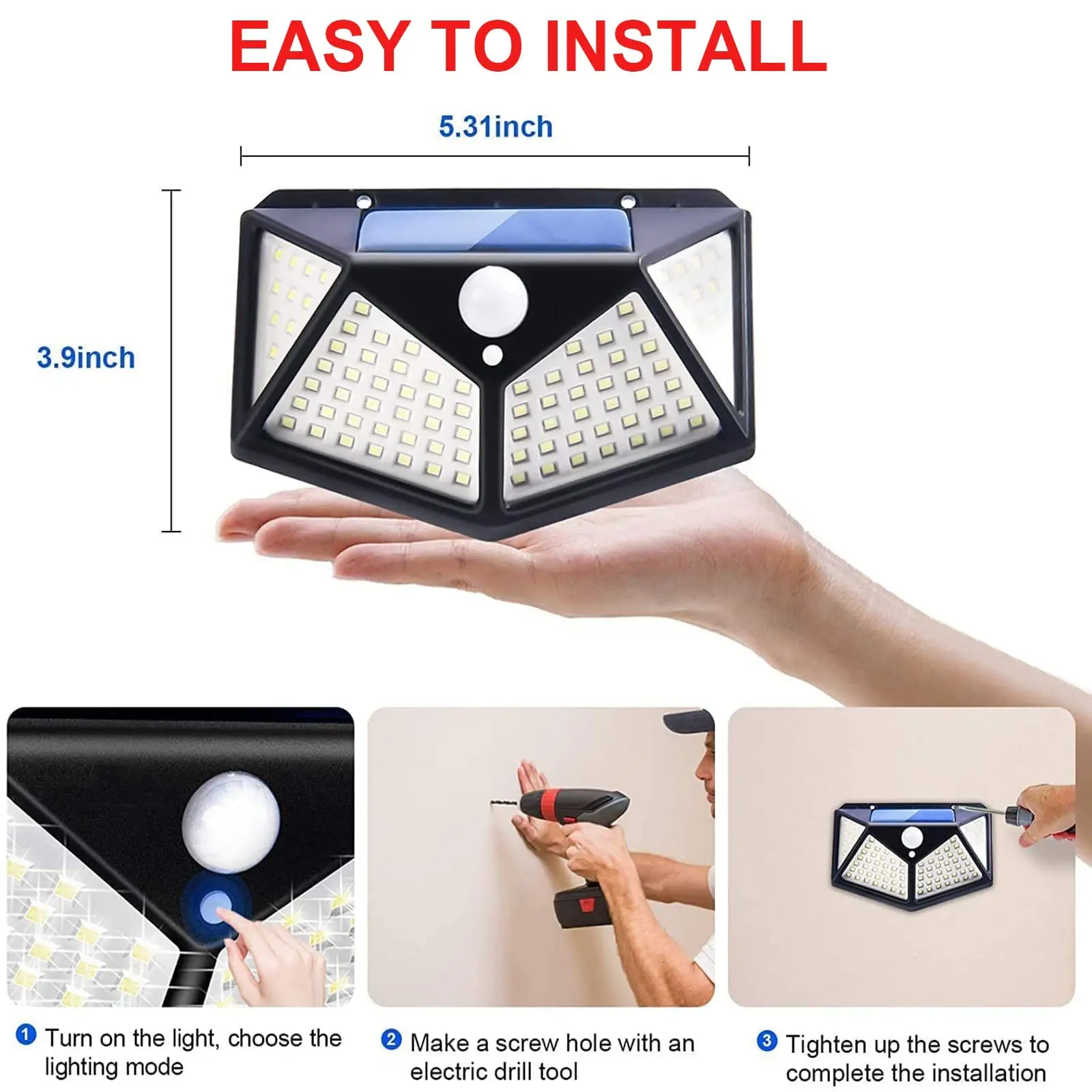 1/2/4pcs 100 LED 벽 조명 야외 태양 램프 PIR 모션 센서 정원 장식을위한 태양 광 발전 햇빛 가로등