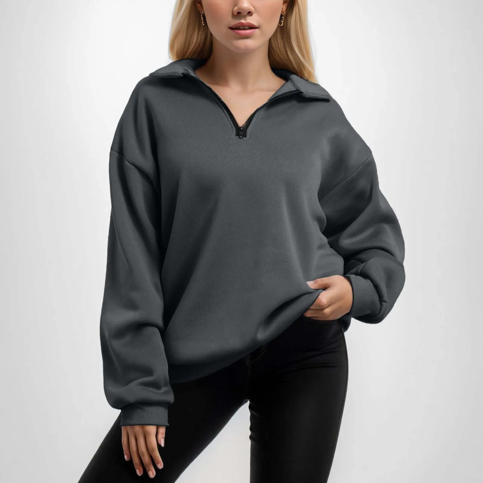 

2024 Womens Casual Long Sleeve Sweatshirt Solid Color Half Zip Drop Shoulder Quarter 1/4 Zipper Pullover Oversized Tunic Top