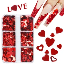 

6 Grids Valentine's Day Mixed Nail Art Sequins Shiny Red Love Heart Glitter Flakes Nail Supplies For Professionals Accessories