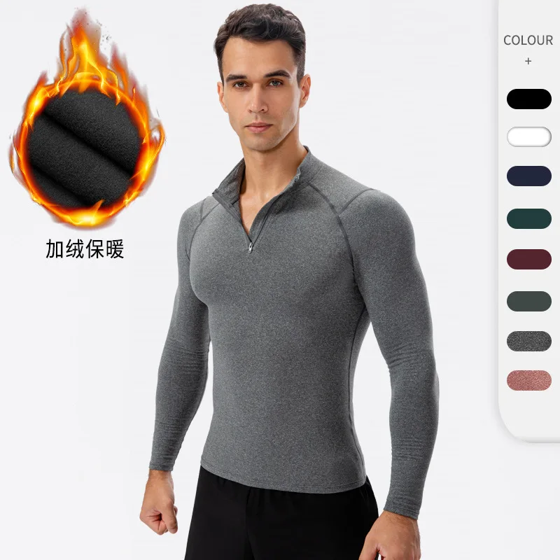 Men's autumn and winter plush fitness suit with high elasticity tight fitting sports, running training, long sleeved warm hoodie fashion women s casual sports yoga tight sports set with bare navel short sleeve top hoodie pants two piece set