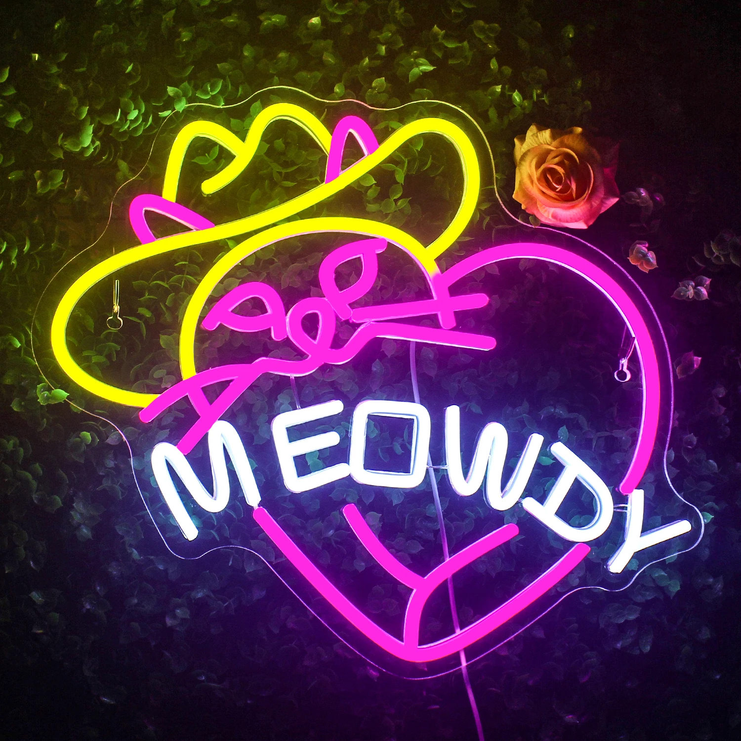 

Pink Meow Neon Sigh LED Light Creative Love Shaped Cat With Cowboy Hat Party Home Room Decor USB Powered Dimmable Panel lights