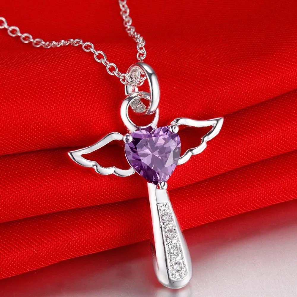 Silver Pendant Necklace 45cm 925 Sterling Silver angel fine crystal cross pendants Necklace For Women