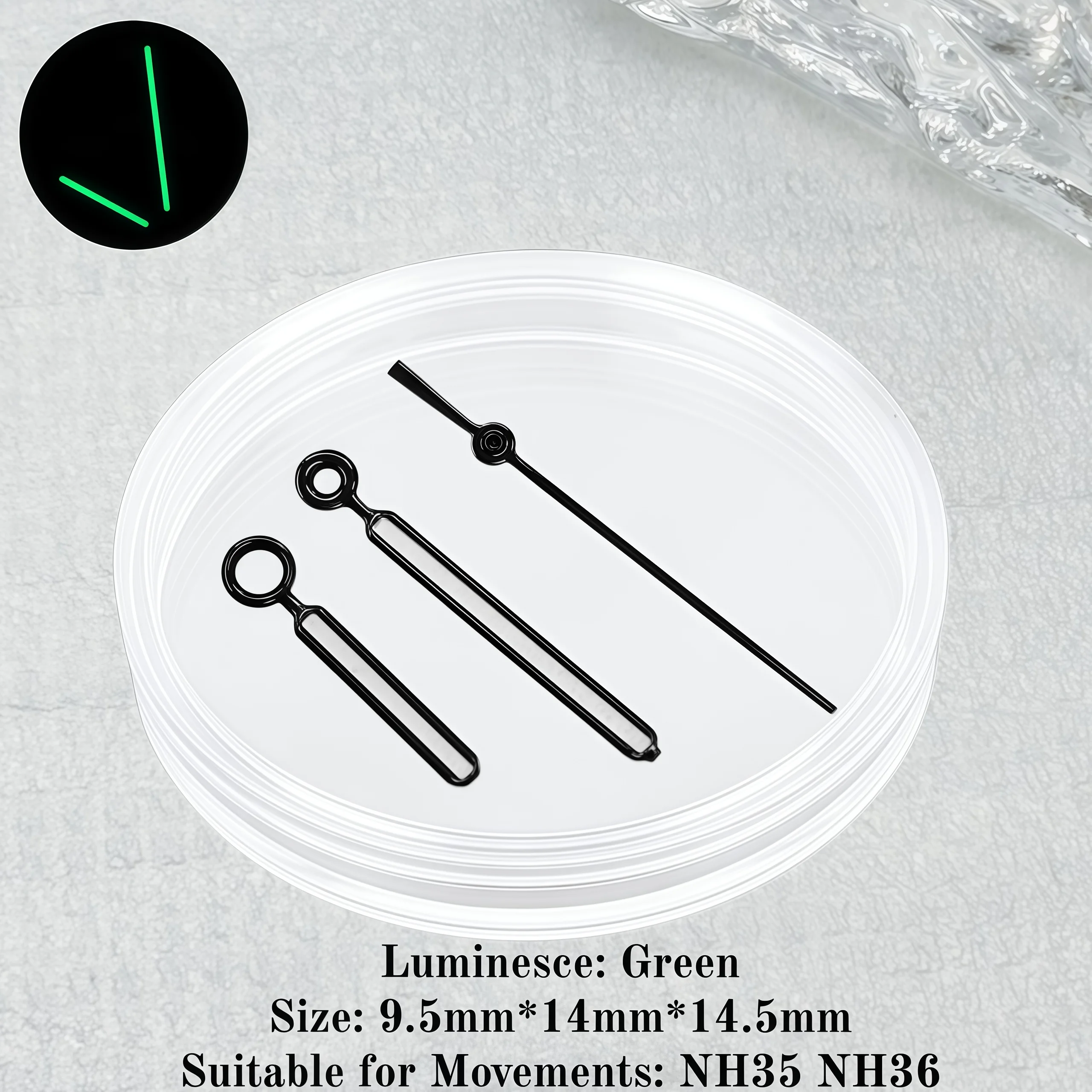 Enhanced Luminous Green Watch Hands Set with Unique Modified Design (9*14*14.5mm, 3-Pin Needles)