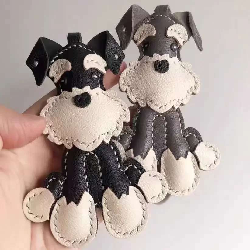 Schnauzer leather bag charm front view