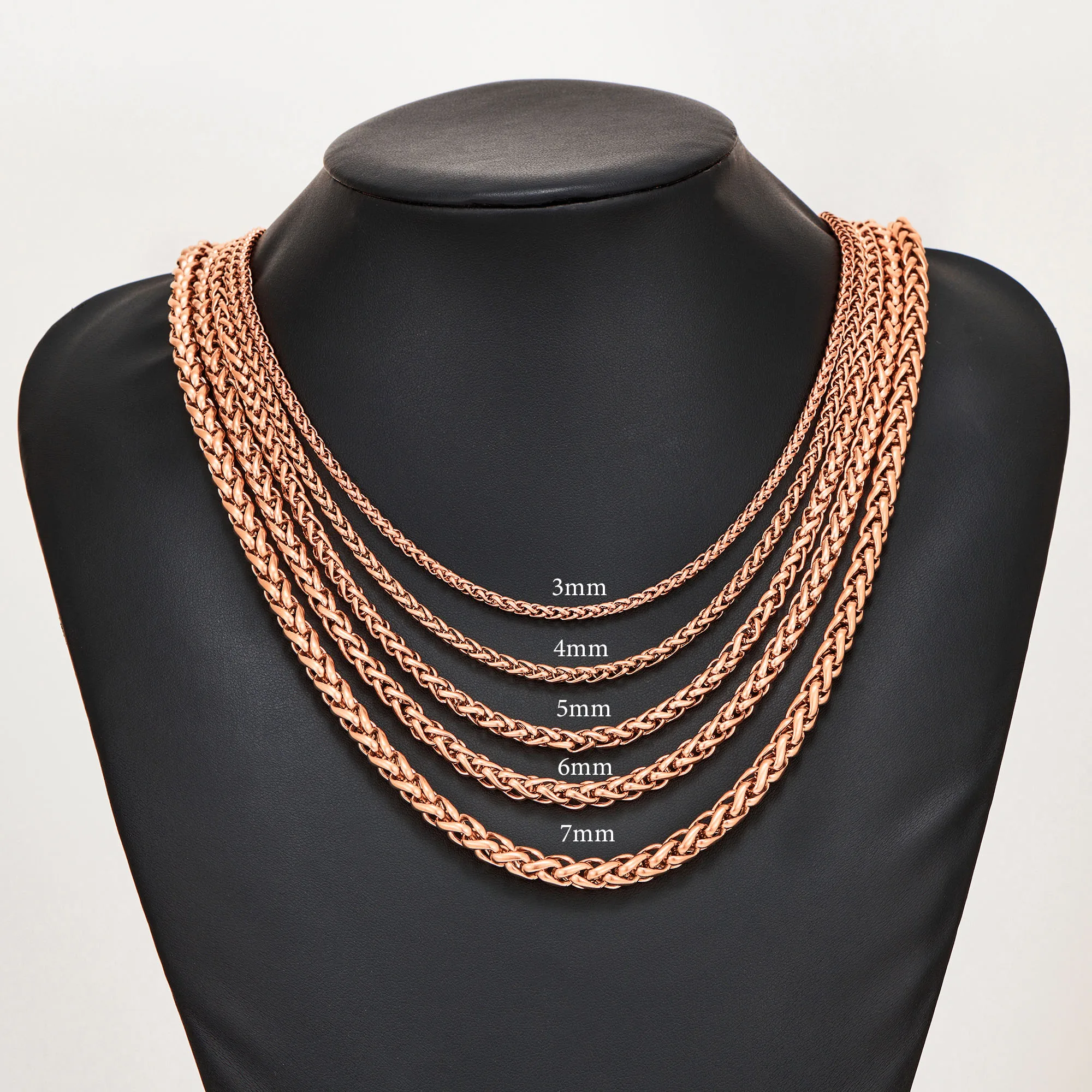 3mm/4mm/5mm/6mm/7mm Rose Gold Color Stainless Steel Wheat Braided Necklace Link Classic Curb Chain for Men Women Jewelry