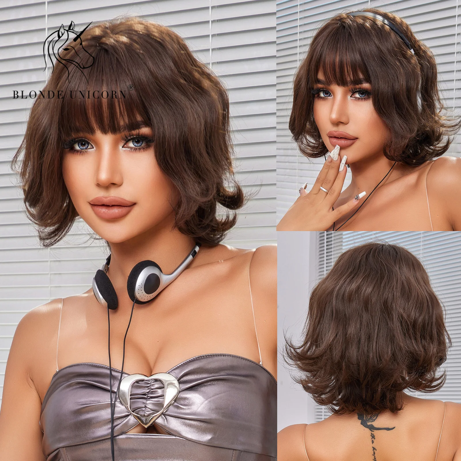 

Blonde Unicorn Brown Short Bob Wigs with Bangs Party Cosplay Halloween Natural Hair Synthetic Heat Resistant Fiber