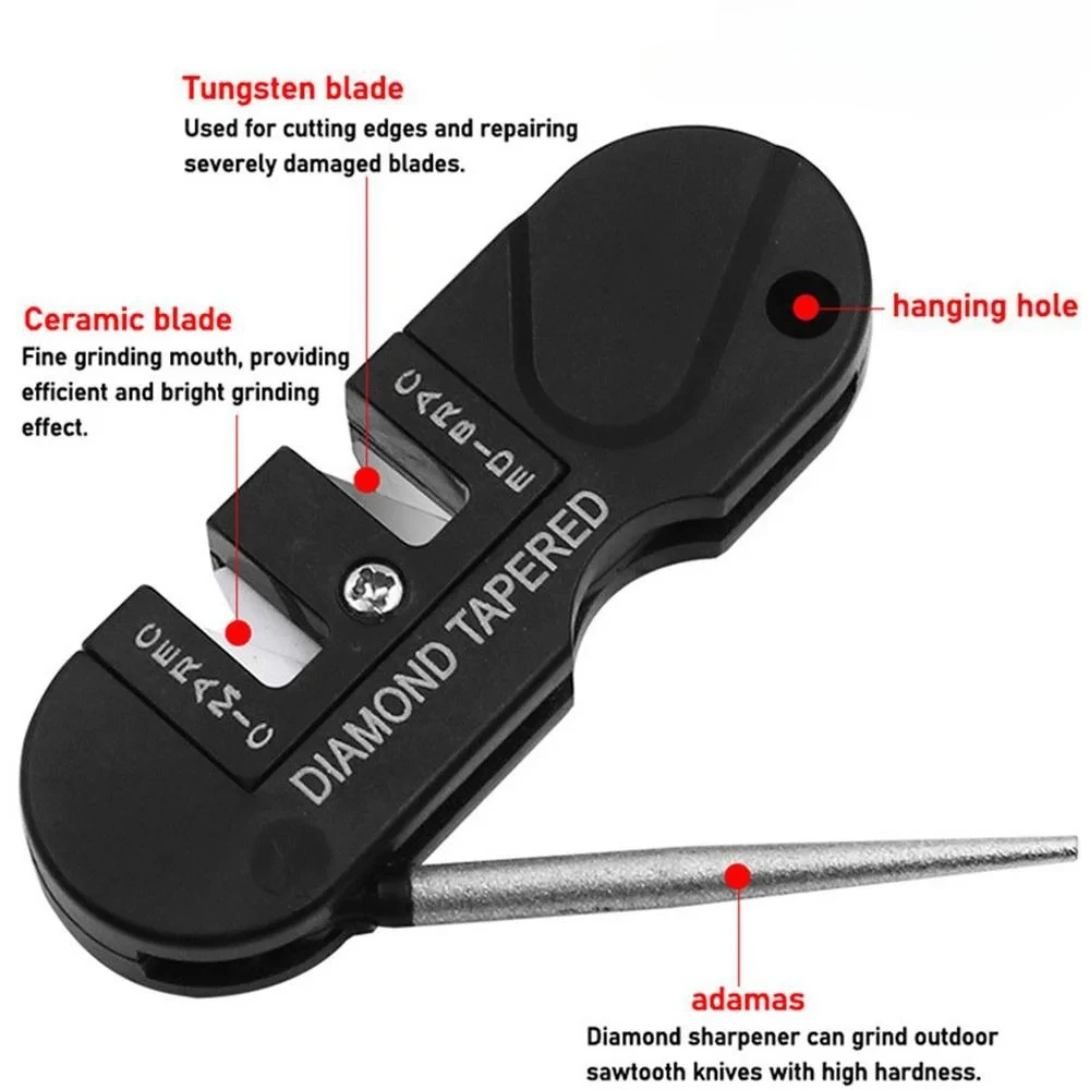 Knife Sharpener Multifunction Pocket Knife Sharpener 4 In 1 Foldable Sharpening Stone with 3 Stages Ceramic & Carbide & Diamond Tapered
