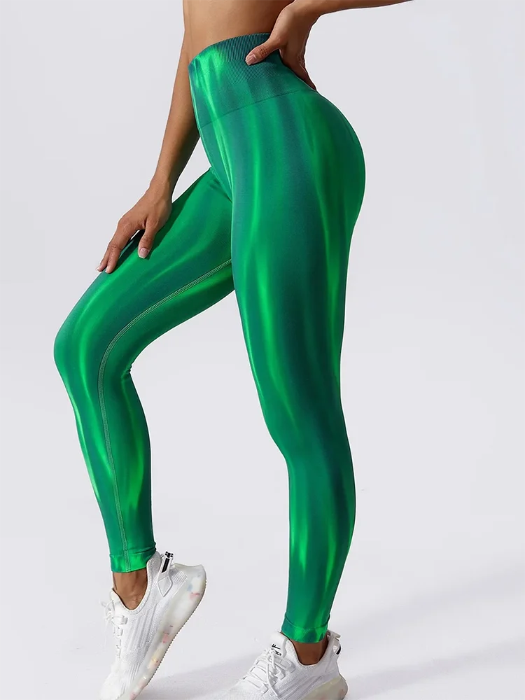Women's High-Waisted Seamless Pants, Tie-Dye Aurora Seamless Pants, Peach Hip, Fitness Leggings, Breathable, Tight Yoga Pants