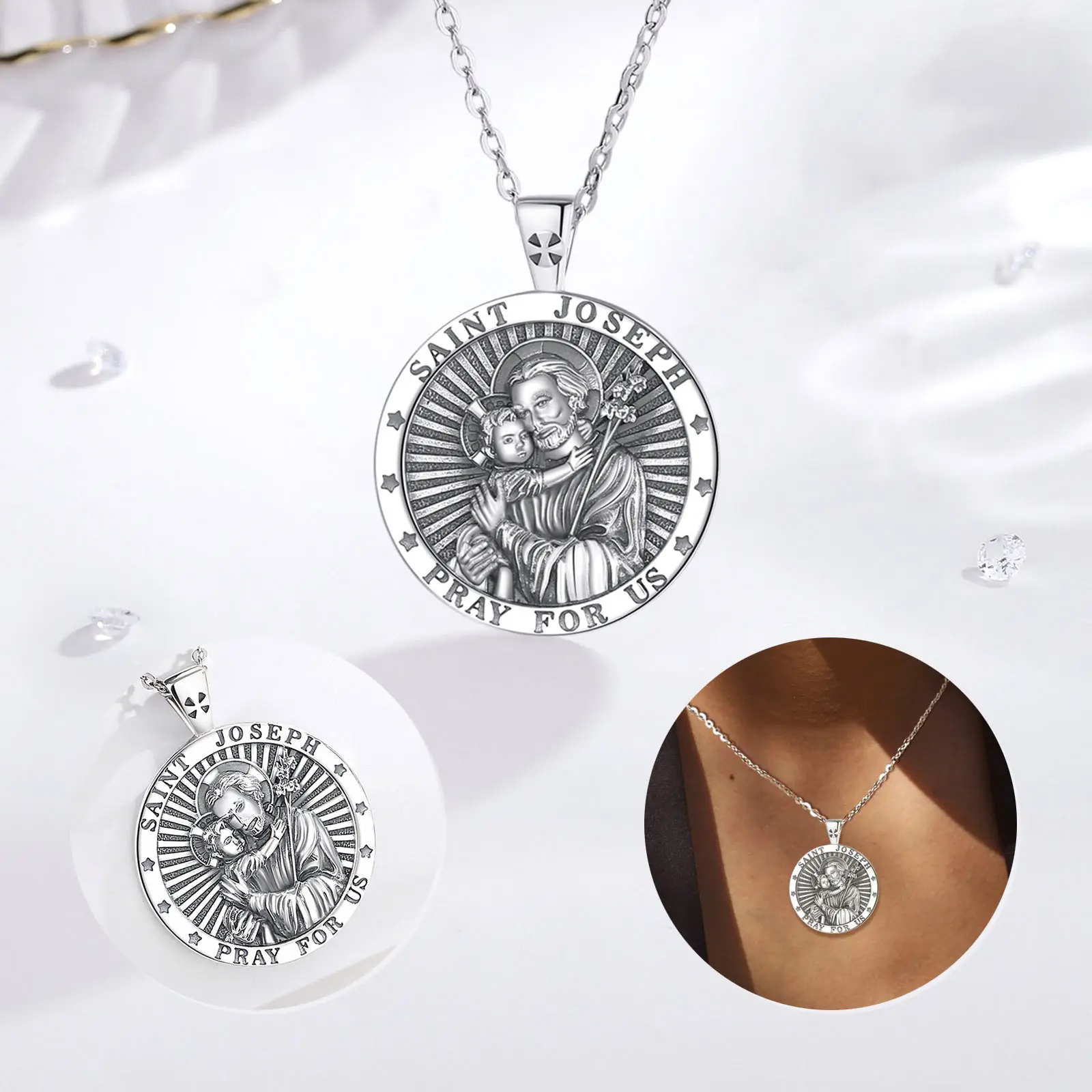 925 Sterling Silver Saint Joseph Necklace Religious Amulet Pendant Vintage Jewelry Men Women Personality Gifts Eudora