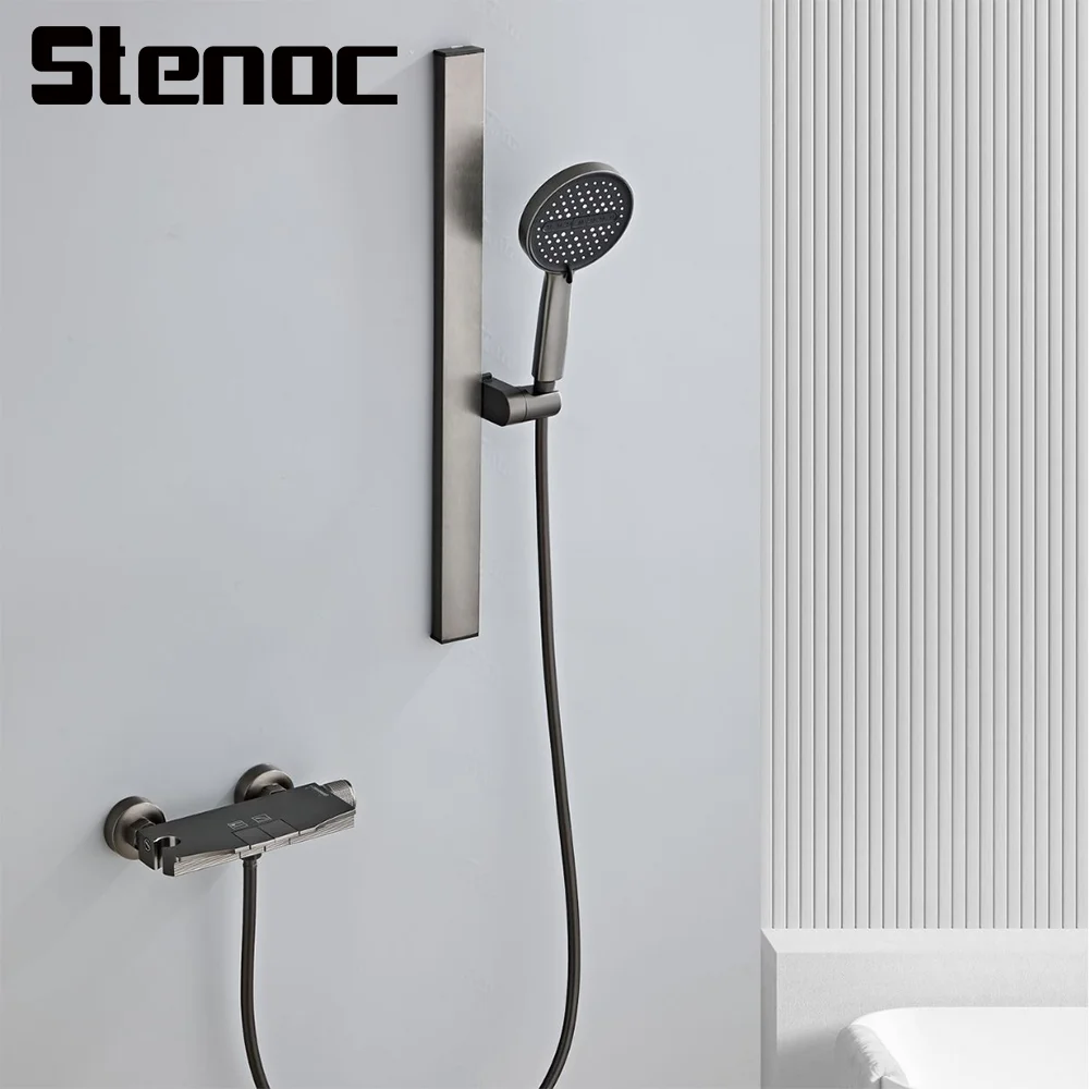 Stenoc ปืนสีเทาโมเดิร์นออกแบบติดผนังทองเหลืองก๊อกน้ําอาบน้ํา 2 ฟังก์ชั่นน้ําตกชุดฝักบัวอาบน้ําร้อนและเย็นผสม 1