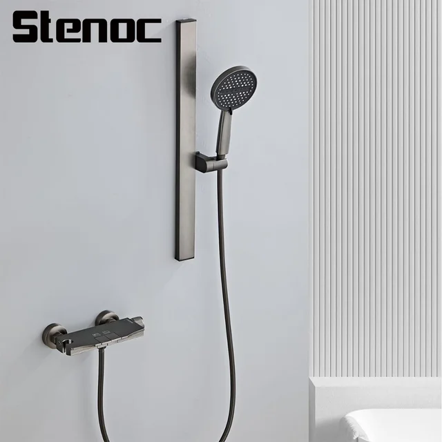 Stenoc ปืนสีเทาโมเดิร์นออกแบบติดผนังทองเหลืองก๊อกน้ําอาบน้ํา 2 ฟังก์ชั่นน้ําตกชุดฝักบัวอาบน้ําร้อนและเย็นผสม 1