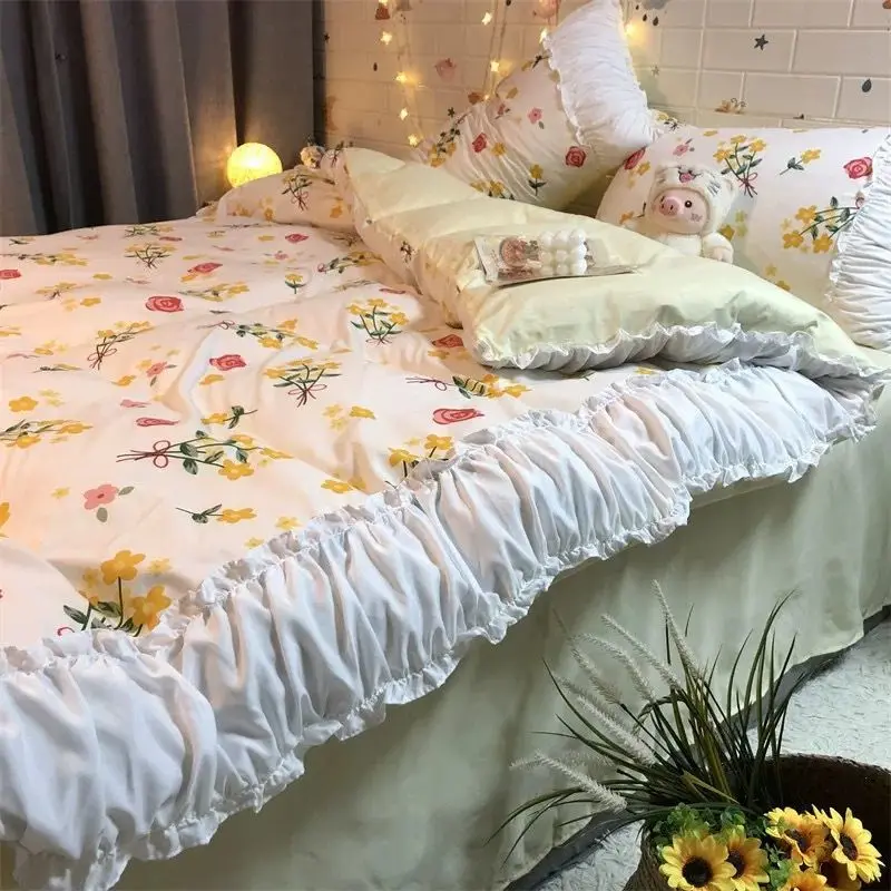 

Korean Upmarket Princess Lace Bed Skirt Fairy Student Single Dormitory Bedding Set Pillow Quilt Sheet Girl 4pcs Home Decor