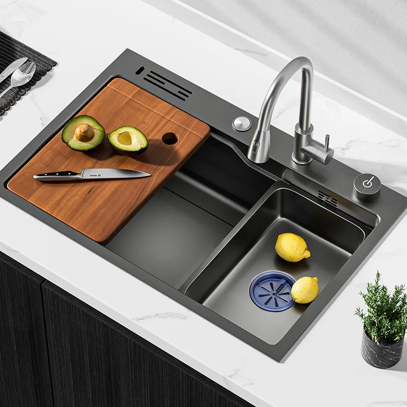 

Nano Stainless Steel Kitchen Sink Large Single Slot Gun Gray Console Control Faucet Household Vegetable Dishwasher Basin