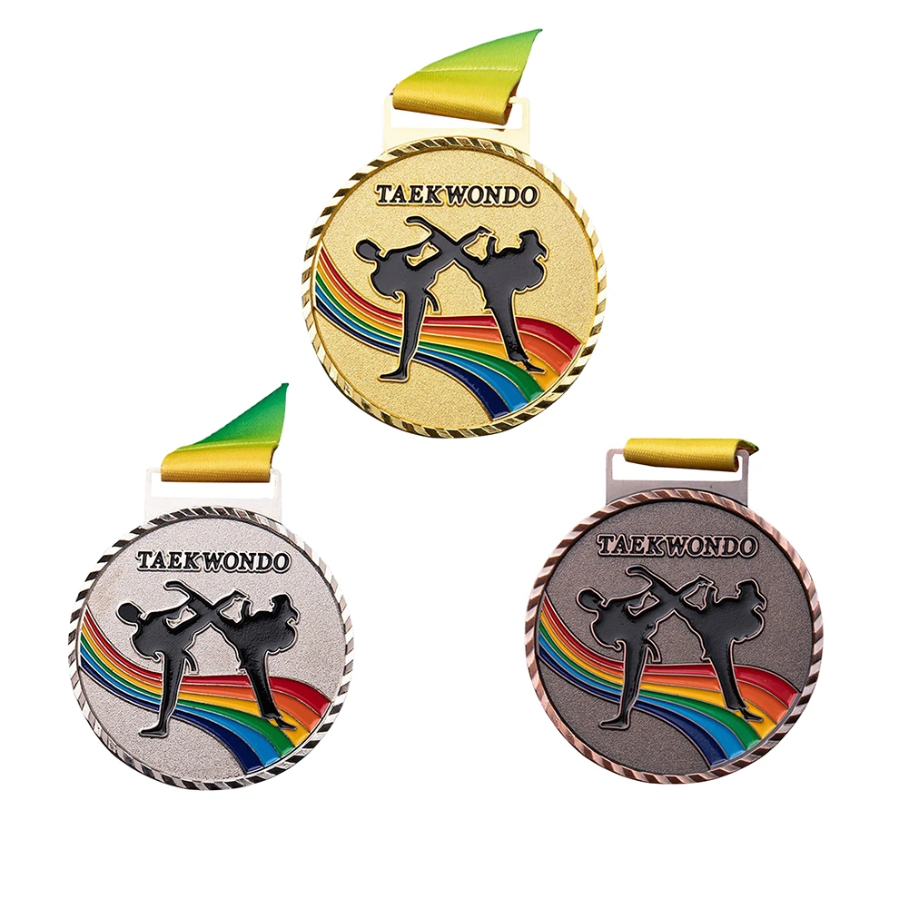 Athletic Sports Game Medals Kirsite Zinc Alloy Taekwondo Running Commemorative Gold Plated Emblem with Ribbons Medal