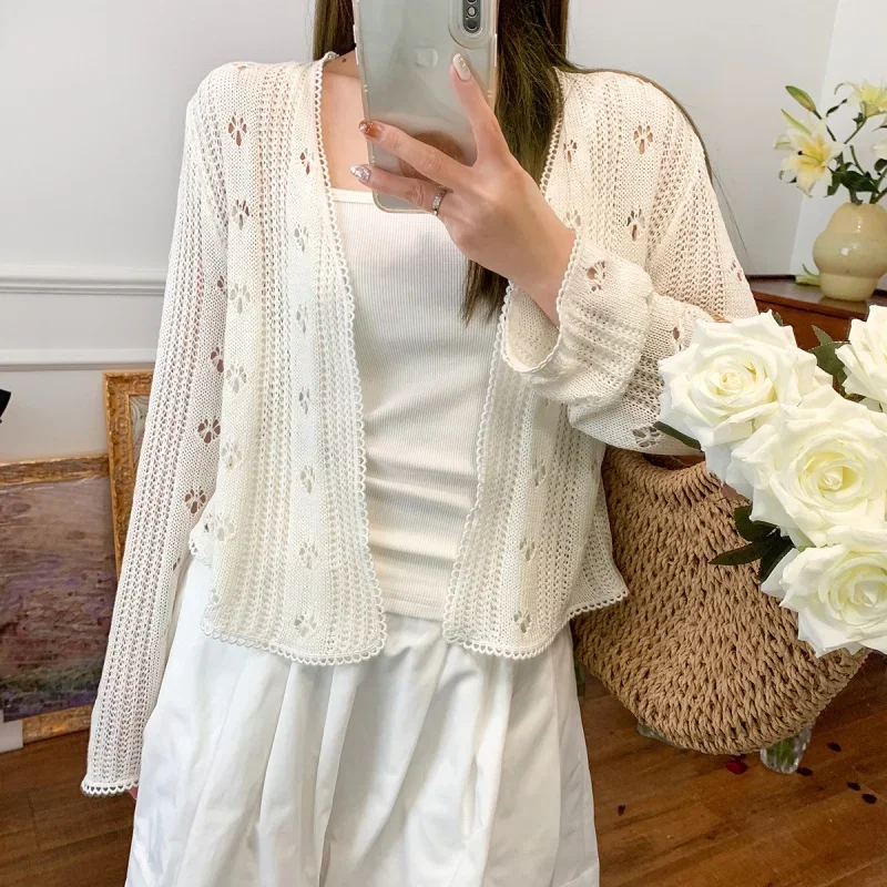 

2023 Summer New Women Hollow Knitted Cardigan Long-sleeved Thin Knitted Sweater