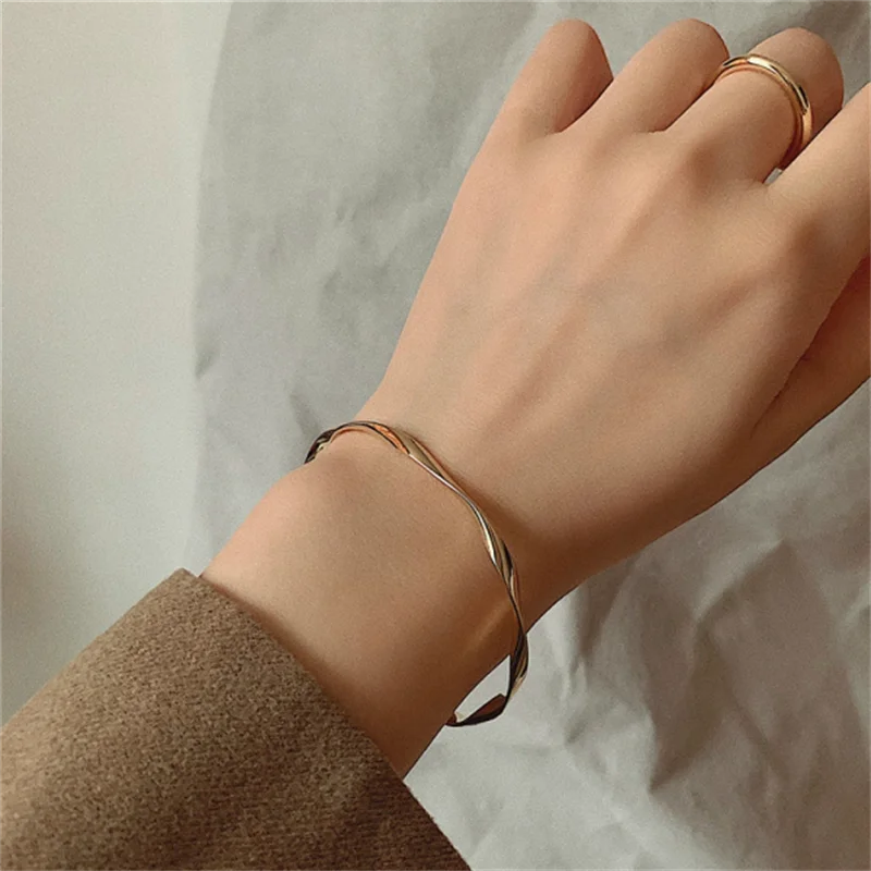 Opening Bangle Gold Color Glossy Twisted Thin Bangles For Women Female Open Minimalist Style Charm Cuff Bracelet Jewelry