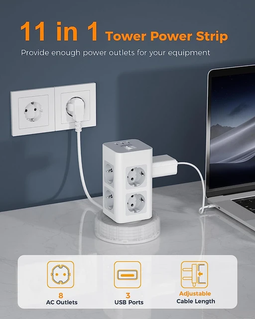 TESSAN EU Multiple Plugs Power Strip Tower with 11 Outlets 3 USB 2M Cable  Vertical EU Plug Extension Socket for Home Office