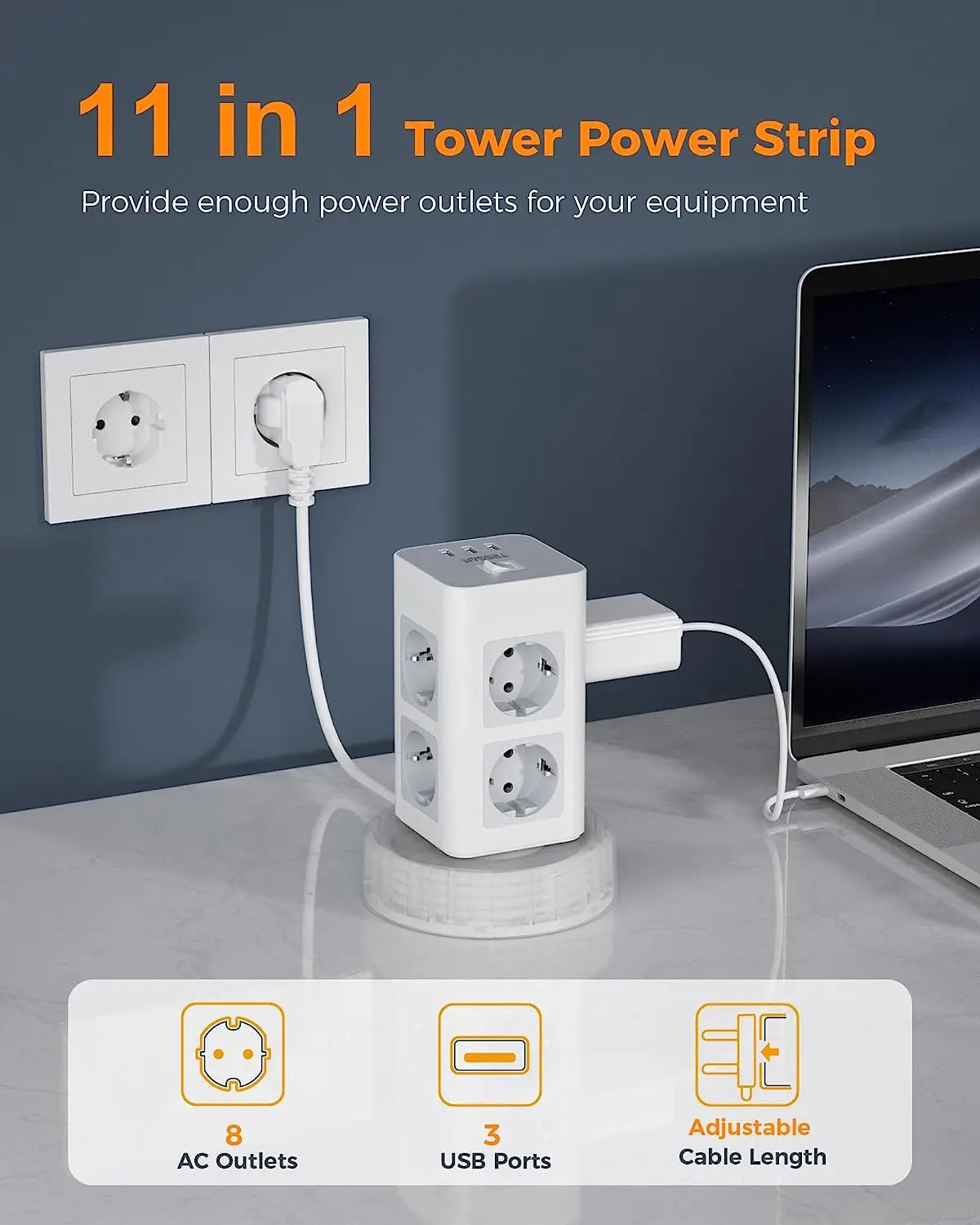 Tessan-faixa de Alimentação Vertical com Usb Cabo de Extensão Retrátil Torre de Plugue ue Soquete Elétrico 2m - Image 5