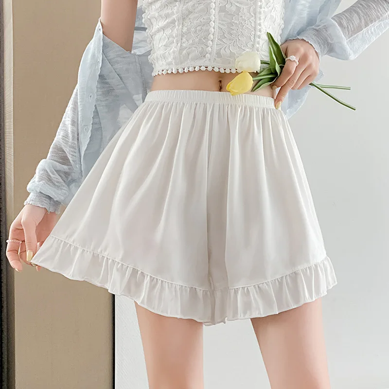 Satin Ice Silk Ruffle Short Pants Women's Summer Loose Home Safety Pants Under Skirt Seamless Sexy Underwear Breath Cool Shorts safety shorts,safety pants
