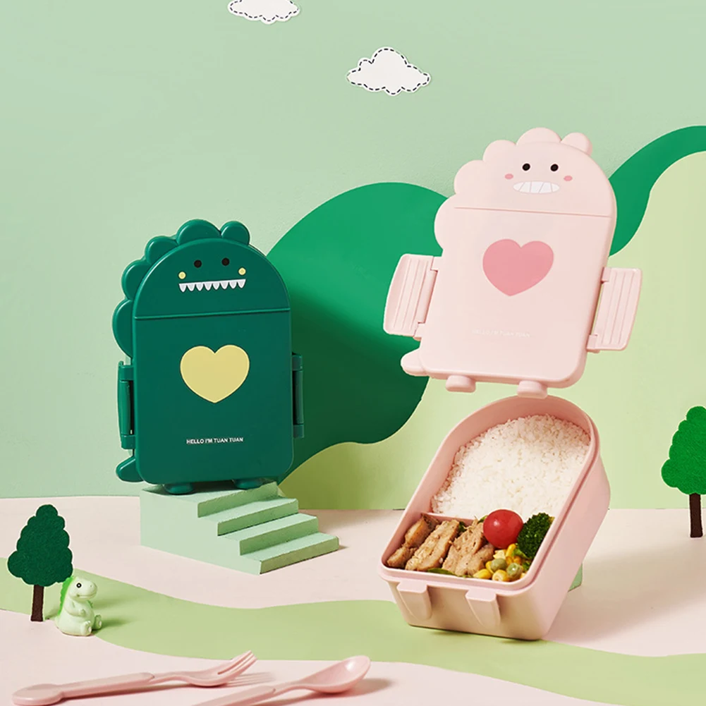 Unisex Fruit Container Cartoon 2 Compartments Rice/Noodles Container with Spoon and Fork Versatile for Working Traveling Camping