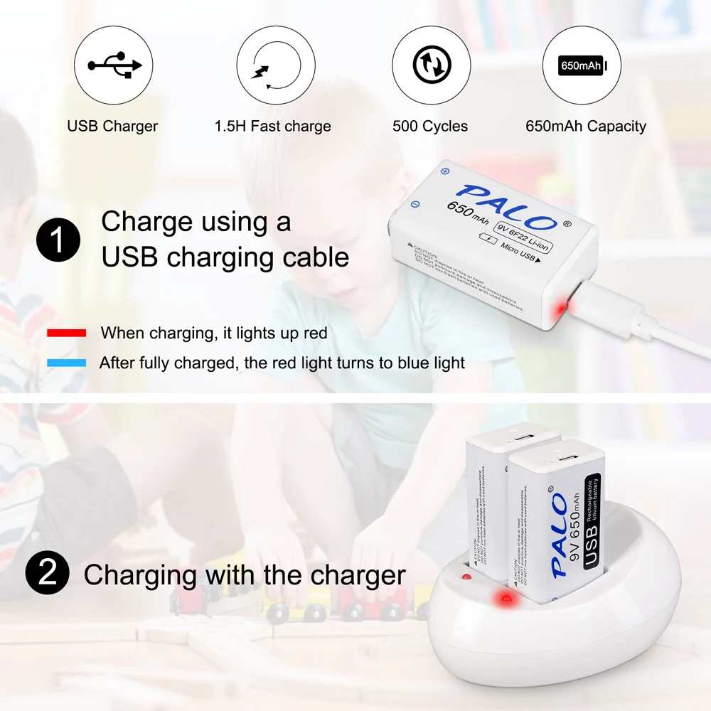 Rechargeable 9V Battery 650mAh Micro USB 9 Volt 6F22 Lithium Crown 9v Batteries for Multimeter KTV Microphone Metal Detector